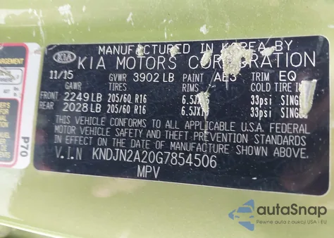 2016 Kia Soul z USA, uszkodzony, nr VIN KNDJN2A20G7854506